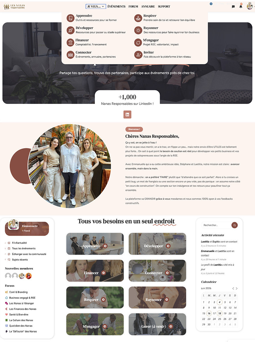 Capture d'écran de la home page de la plateforme des Nanas Responsables, preview qui donne envie d'adhérer